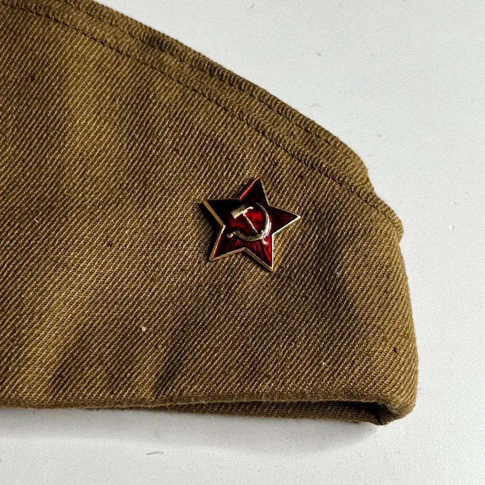 Vintage Soviet Army Pilotka Side Cap USSR Military Hat Red Star Pin Size 56